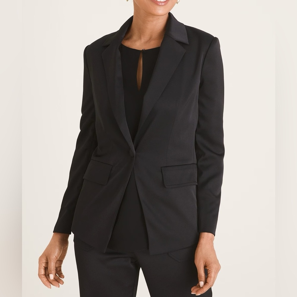 NWT Black Label by Chicos Black Easy Blazer with Contrast Binding Jacket